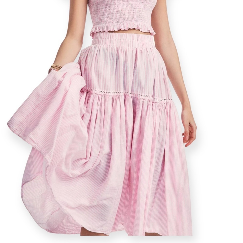 LoveShackFancy Stefana Striped Cotton Skirt, Pink/white, Size XS
